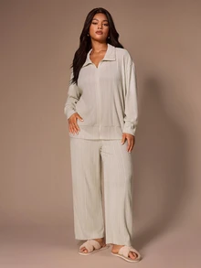 Lazeform Fashionable Minimalist Casual Solid Color Zip-Up Cardigan Long Sleeve Set Women's Autumn New Loose Plus Size 2-Piece - Khaki - View 5