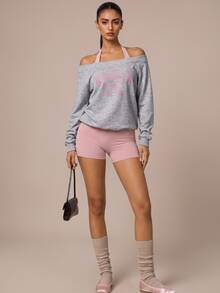 SHEIN BAE Women Grey Pink Letter Print Long Sleeve Sports Sweatshirt Gym Workout Training Running Yoga Athletic Activewear - Light Grey - View 5