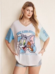 TOM & JERRY X SHEIN Women's Summer Casual Colorblock Cartoon Print T-Shirt - Apricot - View 1