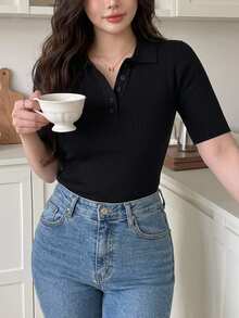 Dazy Plus Solid Color Half-Placket Fitted Casual Versatile Short Sleeve Knit Top, Spring/Autumn - Black - View 6