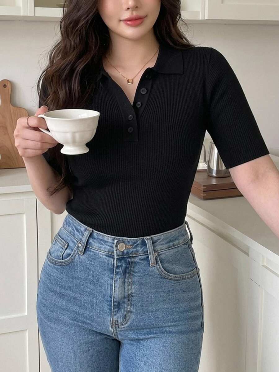 Dazy Plus Solid Color Half-Placket Fitted Casual Versatile Short Sleeve Knit Top, Spring/Autumn - Black - View 1