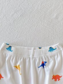 SHEIN Playful Pals 2件組幼兒男童亨利領上衣褲套裝，可愛橘色白色恐龍印花羅紋長袖圓領生日秋季假期連身衣毛衣，鬆緊腰 - 橘色 - 查看 4