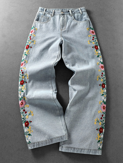 Street Life Jean en denim délavé avec broderie florale décontracté pour hommes