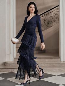 Anewsta Affair Women's New Autumn/Winter Long Sleeve V-Neck Tassel Evening Dress Long Party Dress - Royal Blue - View 4