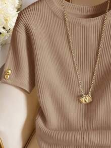 Franclia Elegant Round Neck Knit T-Shirt, Minimalist Fashion Knit T-Shirt, Summer New Arrival - Khaki - View 4