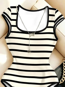 Lalippa Classic Black & White Horizontal Striped Slimming Plus Size Women's Bodysuit - White - View 5