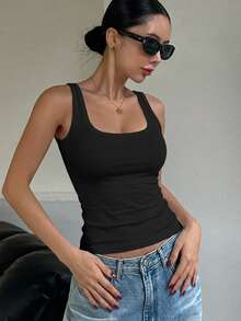 DAZY Women's Solid Color Square Neck Fitted Casual Versatile Tank Top - White - View 3