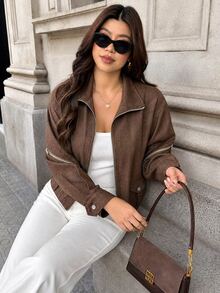 Vionelle Plus Size Women's French Casual Elegant Long Sleeve Jacket - Mocha Brown - View 6