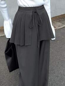 FRIFUL Women's Solid Color Side Knot Pleated Skirt And Long Pants Casual 2 Pieces Set Fall - Grey - View 6