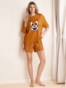 TOM & JERRY X SHEIN Women's Cartoon Print Short Sleeve Top And Shorts Pajama Set - Brown - View 1