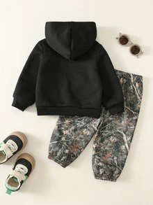 SHEIN 男嬰植物花卉圖案針織柔軟圓領長袖套頭衛衣與鬆緊腰長褲兩件套 - 彩色 - 查看 2