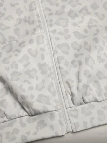 SHEIN 青少年女孩復古白色淺豹紋針織拉鍊運動衫，適合日常穿著 - 淺灰色 - 查看 5