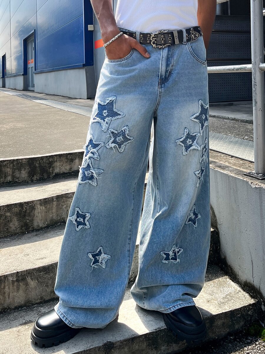 STEELVANCE European And American Unisex Embroidered Star Denim Shorts - Blue - View 1