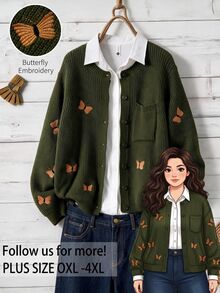 Rusticease Plus Size Army Green Ribbed Button Front Embroidered Round Neck Long Sleeve Cardigan Cozy Elegant Fall Winter 2026 - Army Green - View 3