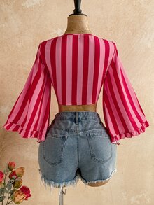 Soleia Women's Striped Front Knot Bell Sleeve Fashion Cropped Shirt - Pink - View 2