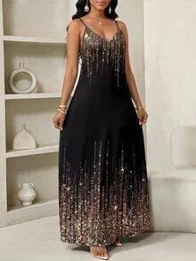 SHEIN Lady 大尺碼亮片印花細肩帶洋裝 - 黑色 - 查看 5