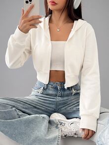 SHEIN PETITE Y2K 拉鍊短版連帽衛衣 秋冬款 - 米色 - 查看 2