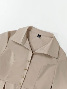 RosyDaze Women's Fashion Minimalist Waist Pleated Lapel Long Sleeve Blazer Suit, Flared Design, Commuter Outfit - Khaki - View 10