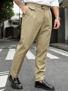Manfinity Mode Men's Plus Size Minimalist Button Pocket Dress Pants, Business Office - Khaki - View 5