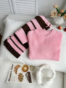 SHEIN 青少年女孩冬季針織兩件套，時尚休閒粉色圓領長袖毛衣與粉色棕色條紋針織長褲套裝，打造全新時尚。柔軟親膚，舒適自在，兩件式設計，更易搭配，適合外出、居家休閒、派對、節日慶祝等多種場合 - 粉色 - 查看 4