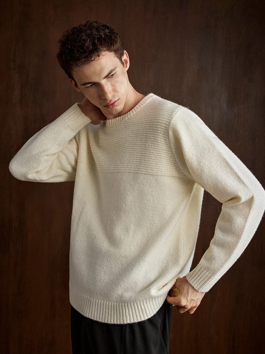 Manfinity CityGents Old Money Men's Casual Solid Color Round Neck Drop Shoulder Long Sleeve Sweater, Fall/Winter - Beige - View 1