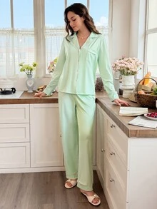 Snug Reverie Fresh Mint Green Striped Collar Pajama Set, Minimalist Comfortable 2 Pieces Loungewear - Green - View 3