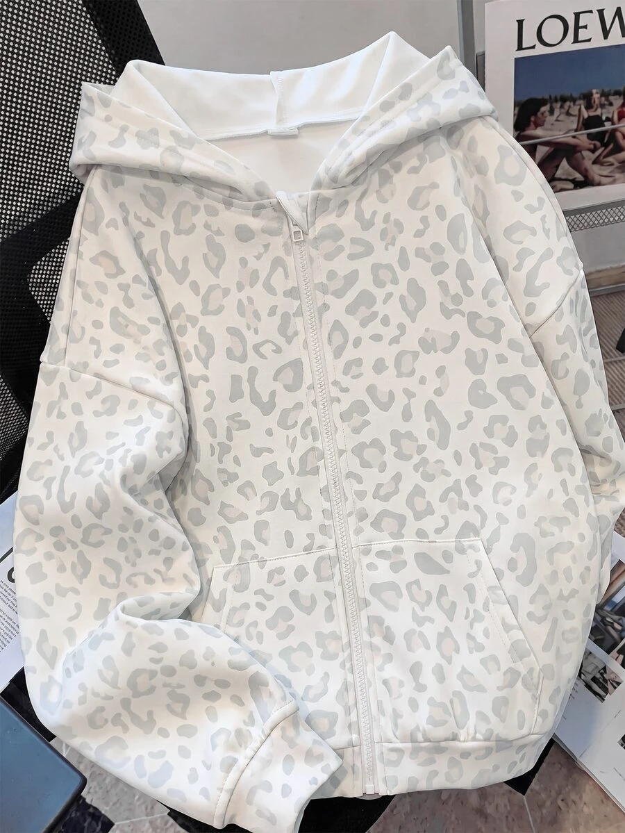 SHEIN Sudadera de punto con cremallera y estampado de leopardo blanco claro retro para niñas preadolescentes, adecuada para uso diario - Gris Claro - Ver 1