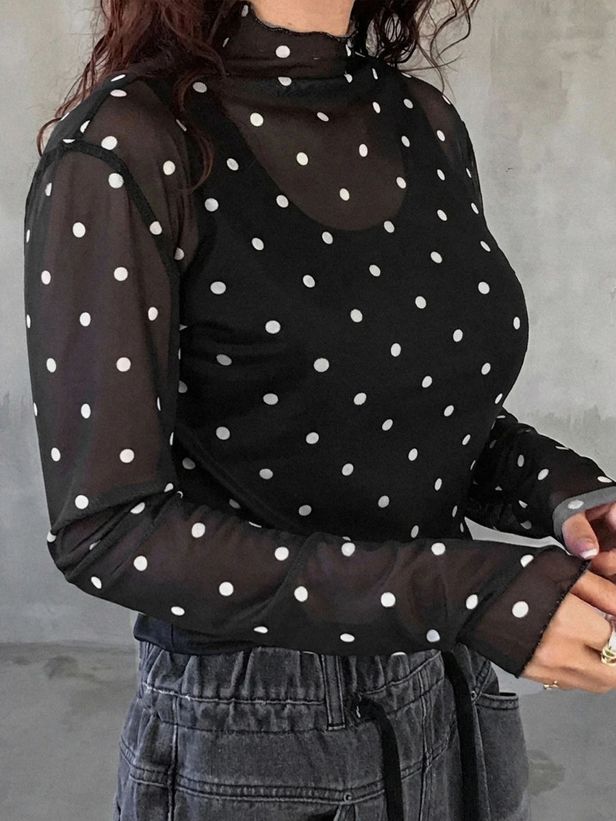 Dazy Plus Plus Size Fashion Polka Dot Skin-Like Mesh Fitted Top - Svart - Visa 1