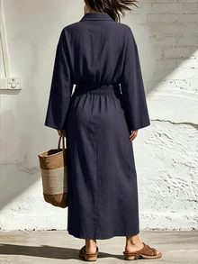 SHEIN Women's 100% Cotton Navy Collar Drawstring Waist Split Maxi Dress, Casual Dress For Spring Fall Casual Daily Wear - Navy Blue - View 2