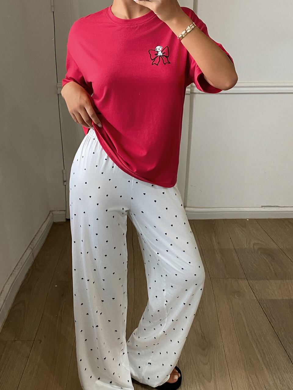 Summer & Autumn Happy Puppy Print Top & Polka Dot All-Over Print Pajama Pants Set, Women's Sleepwear