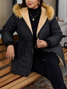 Reflora 大尺碼女款長袖拉鍊抽繩收腰毛領連帽冬季外套 - 黑色 - 查看 9