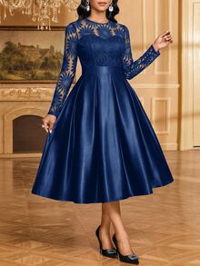 SHEIN Lady Women's Contrast Lace Round Neck Long Sleeve Pleated Design Elegant Midi Dress - Navy Blue - View 6