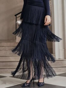 Anewsta Affair Women's New Autumn/Winter Long Sleeve V-Neck Tassel Evening Dress Long Party Dress - Royal Blue - View 2