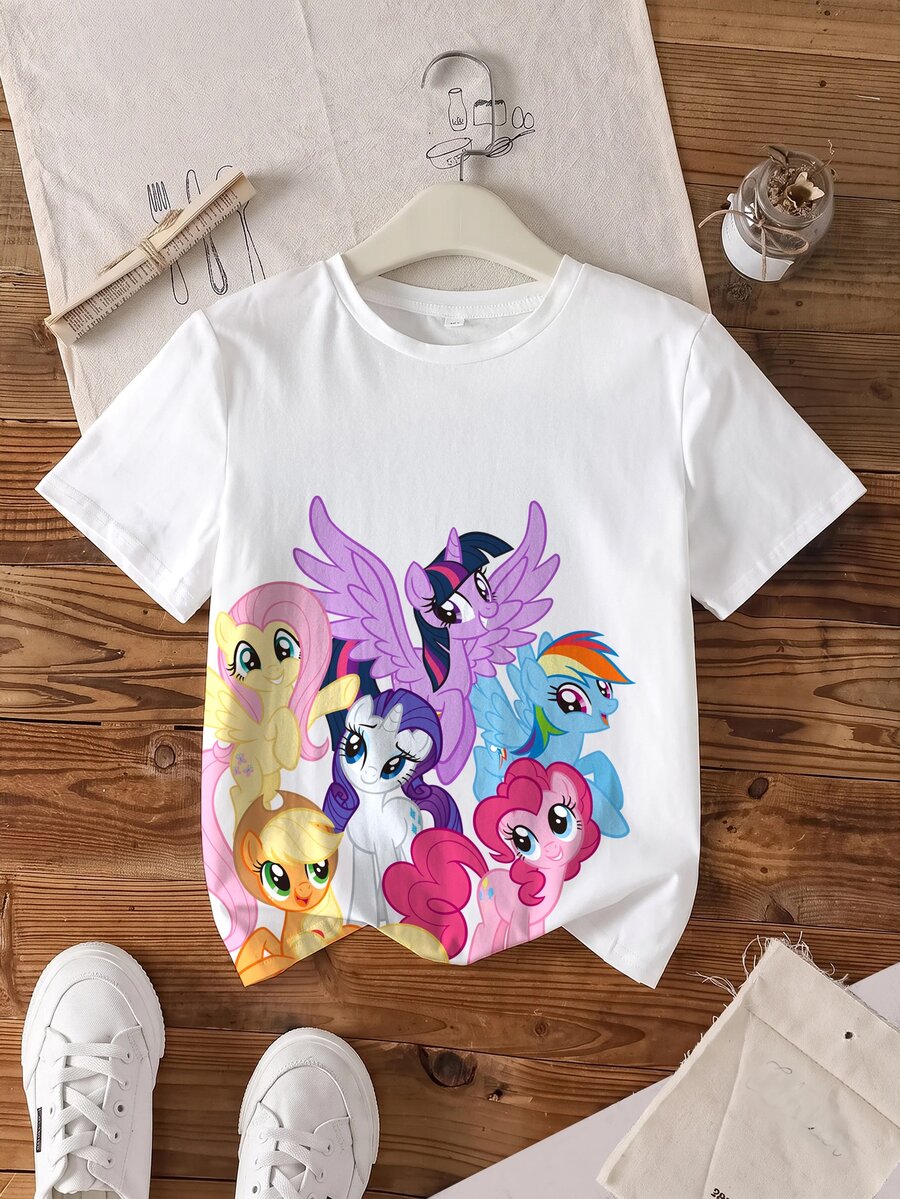 My Little Pony X SHEIN تي شيرت صيفي كاجوال بطبعة كرتونية للفتيات المراهقات - أبيض - مشاهدة 1