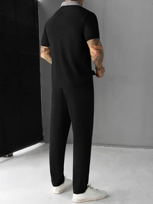 Manfinity CasualCool 男士夏季休閒格紋領 Polo 衫與長褲套裝 - 黑色 - 查看 2