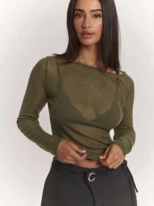 SHEIN BAE 女款優雅性感休閒日常穿搭羊絨輕量針織透視上衣，適合打造經典百搭上衣、休閒上衣、黑色上衣、百搭上衣、通勤上衣，2合1上衣 - 軍綠色 - 查看 7