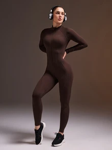 Powerista Women's Long Sleeve Long Leg Tight Jumpsuit - Rust Brown - View 2