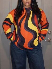 Slaydiva Sweater Rajut Wanita Ukuran Besar, Atasan Pullover Lengan Panjang Longgar Kerah Tinggi Motif Retro Bergelombang Blok Warna untuk Musim Dingin - MultiWarna - View 6