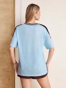 LOONEY TUNES X SHEIN Women's Casual Daily Short Sleeve Top With Letter & Cartoon Print - Blue - View 2