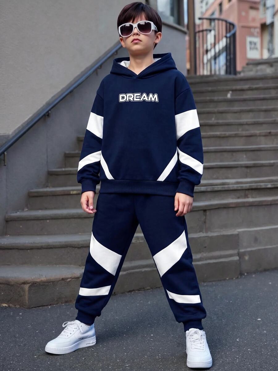 Setelan Sweatshirt Lengan Panjang Minimalis Kasual Nyaman untuk Anak Laki-Laki Remaja, Cocok untuk Musim Gugur/Dingin, Motif Blok Warna Geometris Klasik Keren dan Tampan, Cetakan Teks DREAM, Cocok untuk Musim Gugur/Dingin, Cocok untuk Musim Kembali ke Sekolah, Cocok untuk Olahraga - MultiWarna - View 1