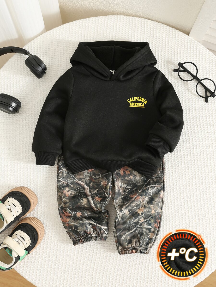 SHEIN 男嬰植物花卉圖案針織柔軟圓領長袖套頭衛衣與鬆緊腰長褲兩件套 - 彩色 - 查看 1