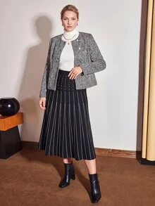 MOTF PREMIUM WOMEN'S PLUS SIZE STRIPED BLACK & WHITE CONTRAST COLOR STITCHING TRIM SLIMMING KNIT SKIRT - Black and White - View 1