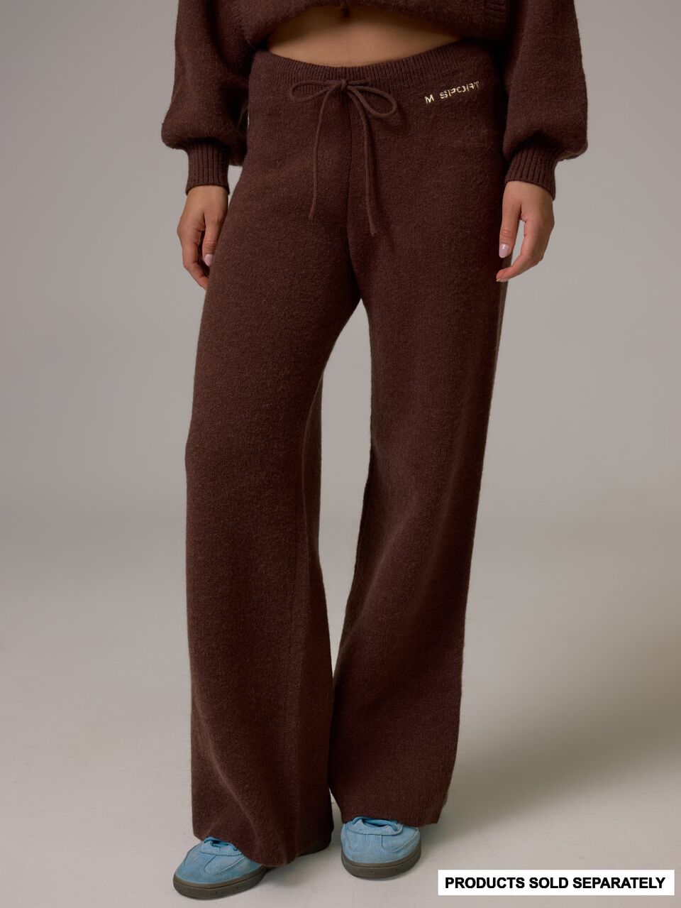 Sport Brown Knitted Ribbed Tie Elasticated Waist Loose Fit Active Coord Trouser