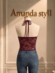 GlowEve Áo camisole ren dây mảnh màu đỏ rượu vang xuân/hè, cổ V sâu, eo xuyên thấu ôm sát, gấu bất đối xứng, áo mặc trong, trang phục hẹn hò, phong cách gợi cảm Pure Desire - Màu Đỏ Sâu - Xem 2