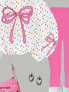 Tween女孩休閒極簡可愛甜美蝴蝶結圖案、彩色波點圓領長袖衛衣與內搭褲2件套，適合秋冬舒適秋季與冬季風格，情人節、Kawaii、Chill、Y2K - 彩色 - 查看 6