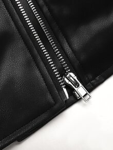 SHEIN 青少年女孩街頭風 PU 金屬拉鍊前開短版黑色仿皮夾克 秋冬款 - 黑色 - 查看 7