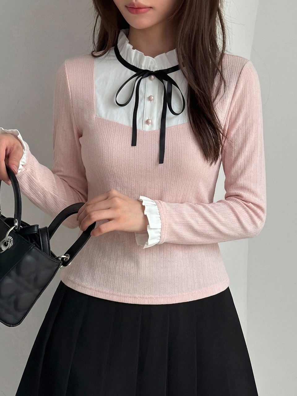 Women's Patchwork Contrast Color Tie Bow Long Sleeve Fitted Elegant Formal Vacation Spring Autumn Versatile T-Shirt