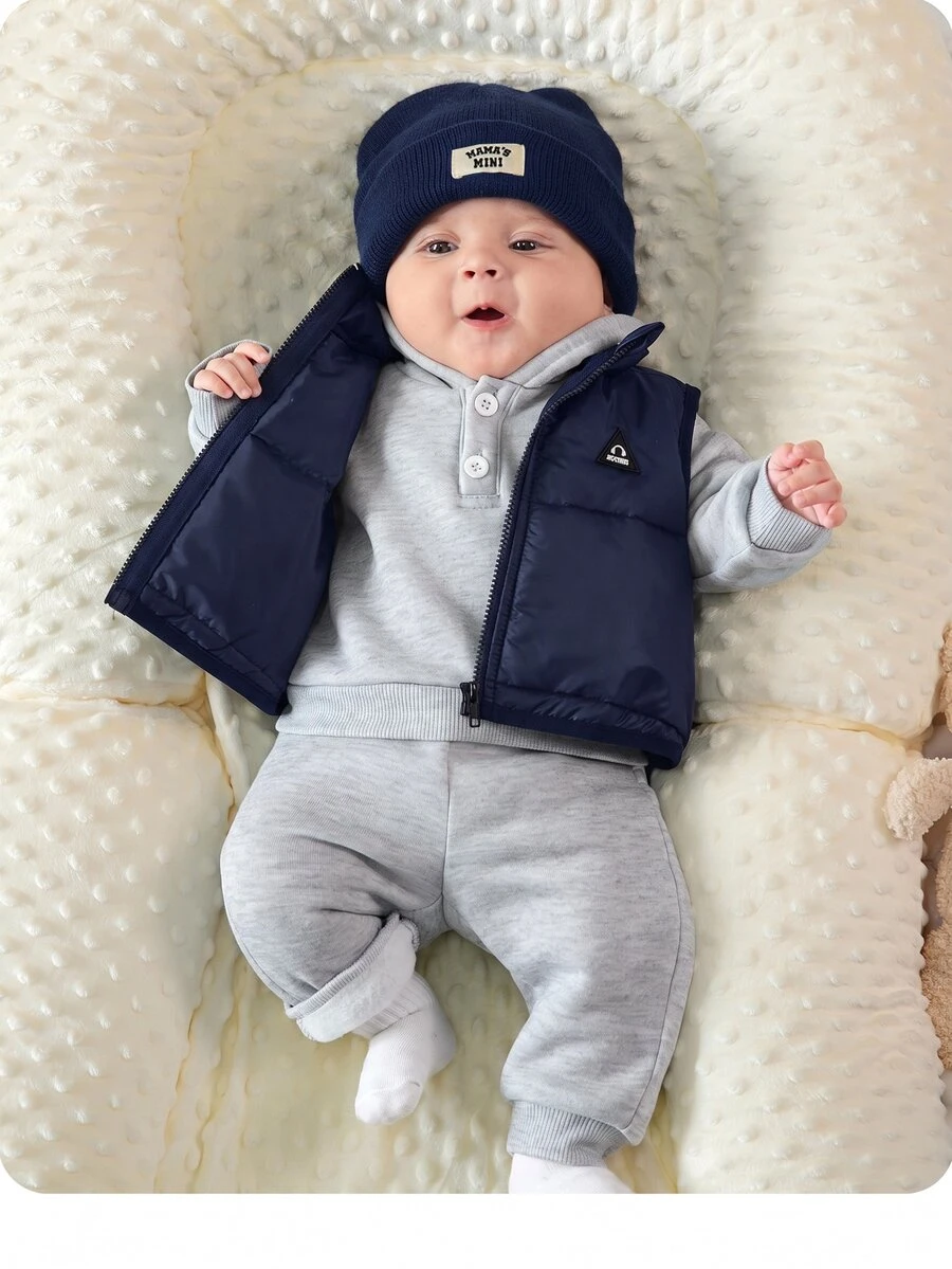 SHEIN 新生兒嬰兒3件套:連帽長袖套頭衛衣、冬季長褲、無袖背心 - 藏蓝色 - 查看 1