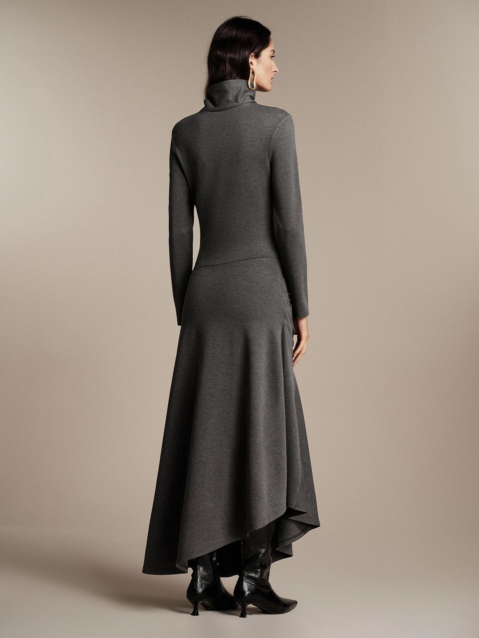Anewsta Essential Autumn/Winter Elegant Commuter Knit High Neck Asymmetrical Dark Gray Dress