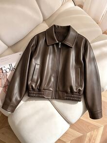 SHEIN Elladie kids 女童寬鬆黑色時尚街頭 PU 皮革長袖輕便夾克 - 棕色 - 查看 3